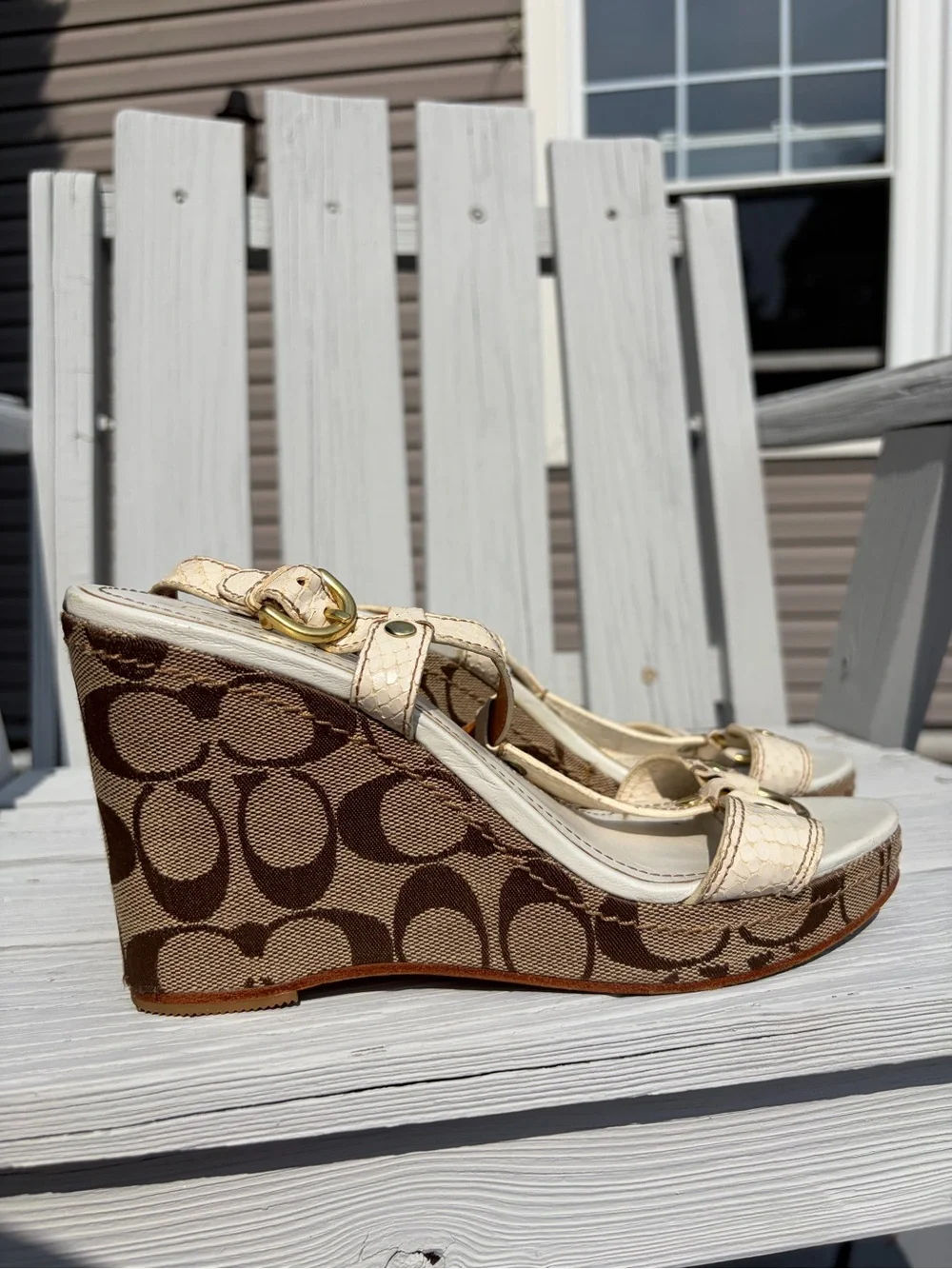 🔥 Vintage Coach Cream and Brown Signature Wedge Sandals